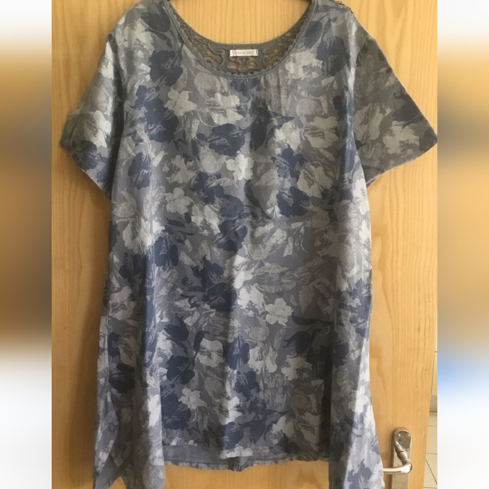 Italy Italian Women Tunic Top  XL Crochet Lagenlook Ruffles Denim Linen Foral